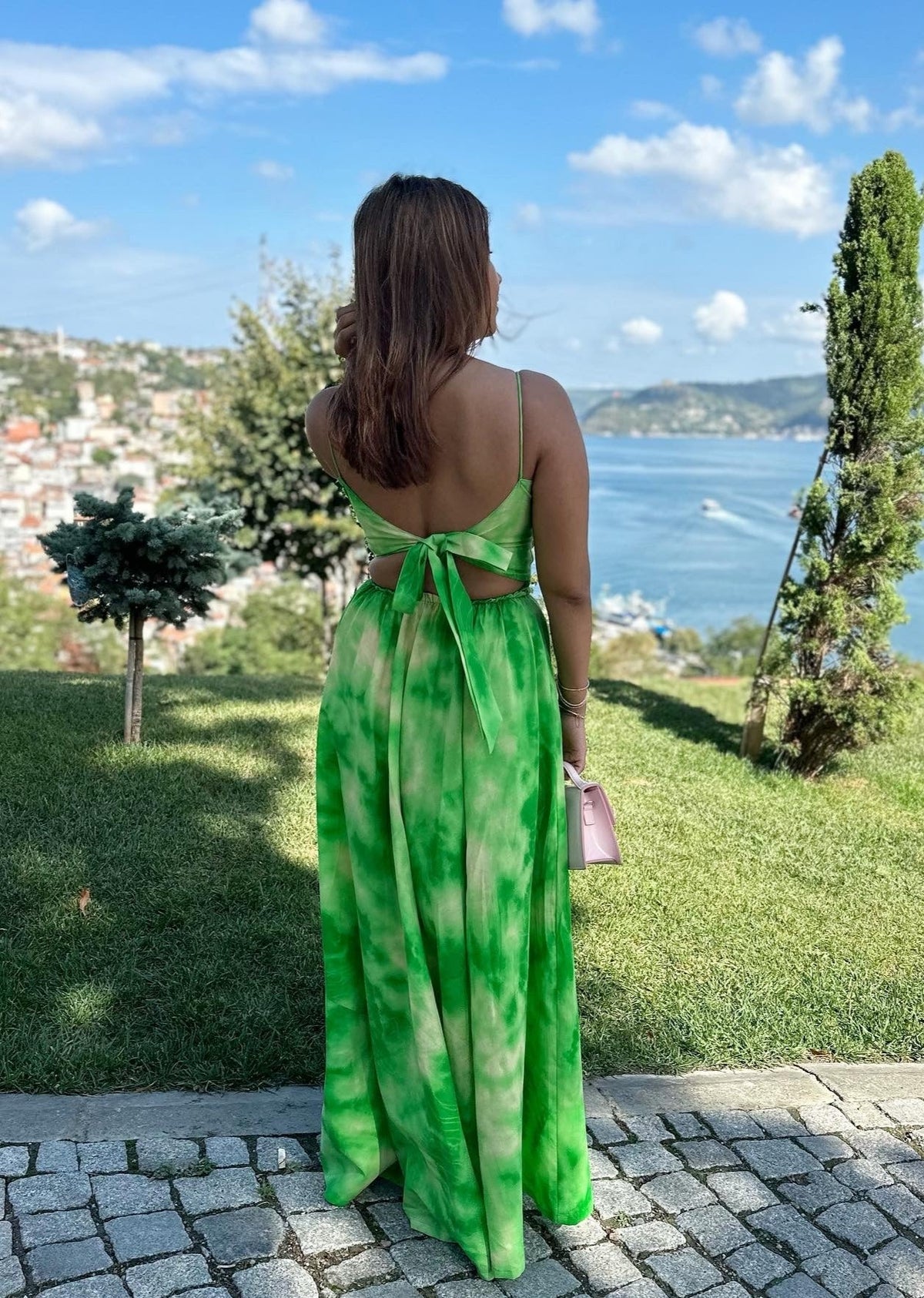 Anahita Dress - Green Tie-Dye Printed Tie-Back Long Flared Dress