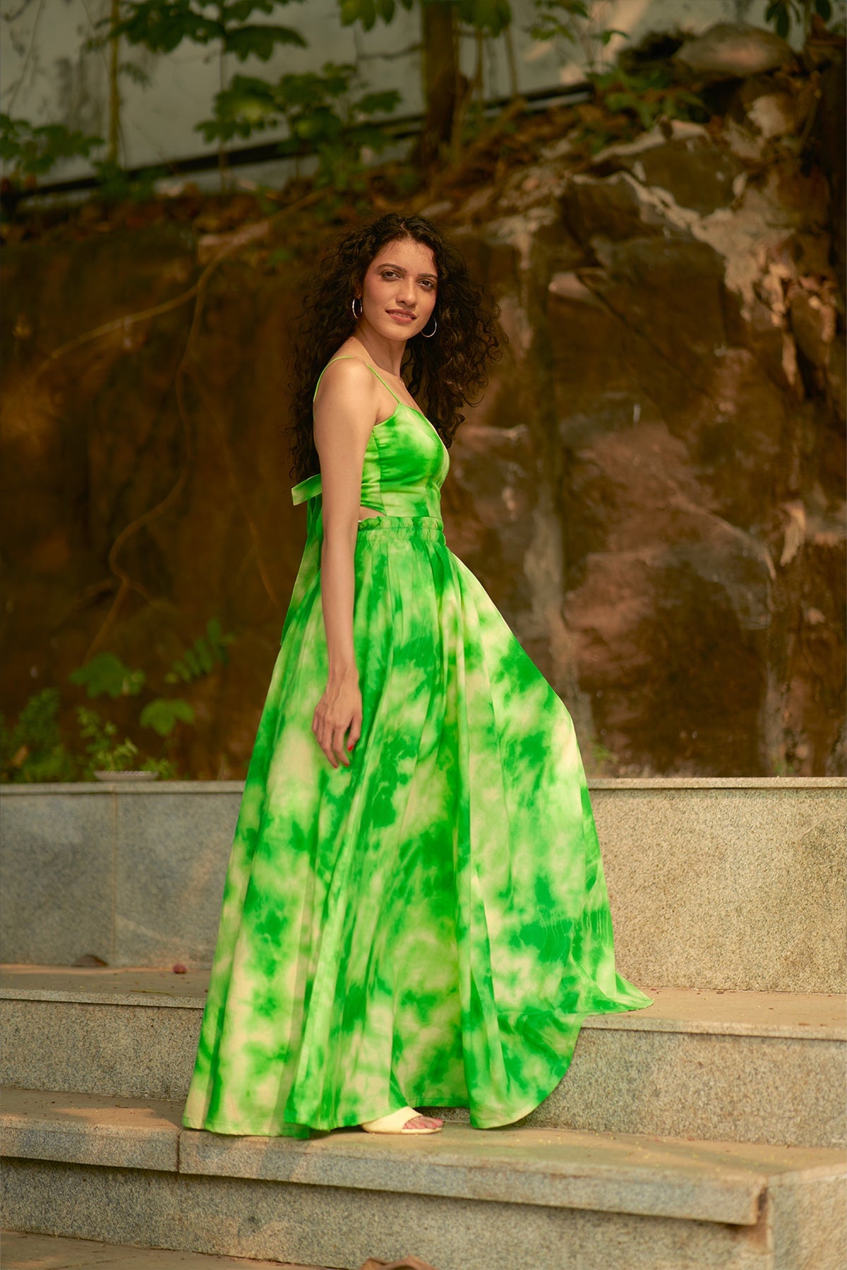 Anahita Dress - Green Tie-Dye Printed Tie-Back Long Flared Dress
