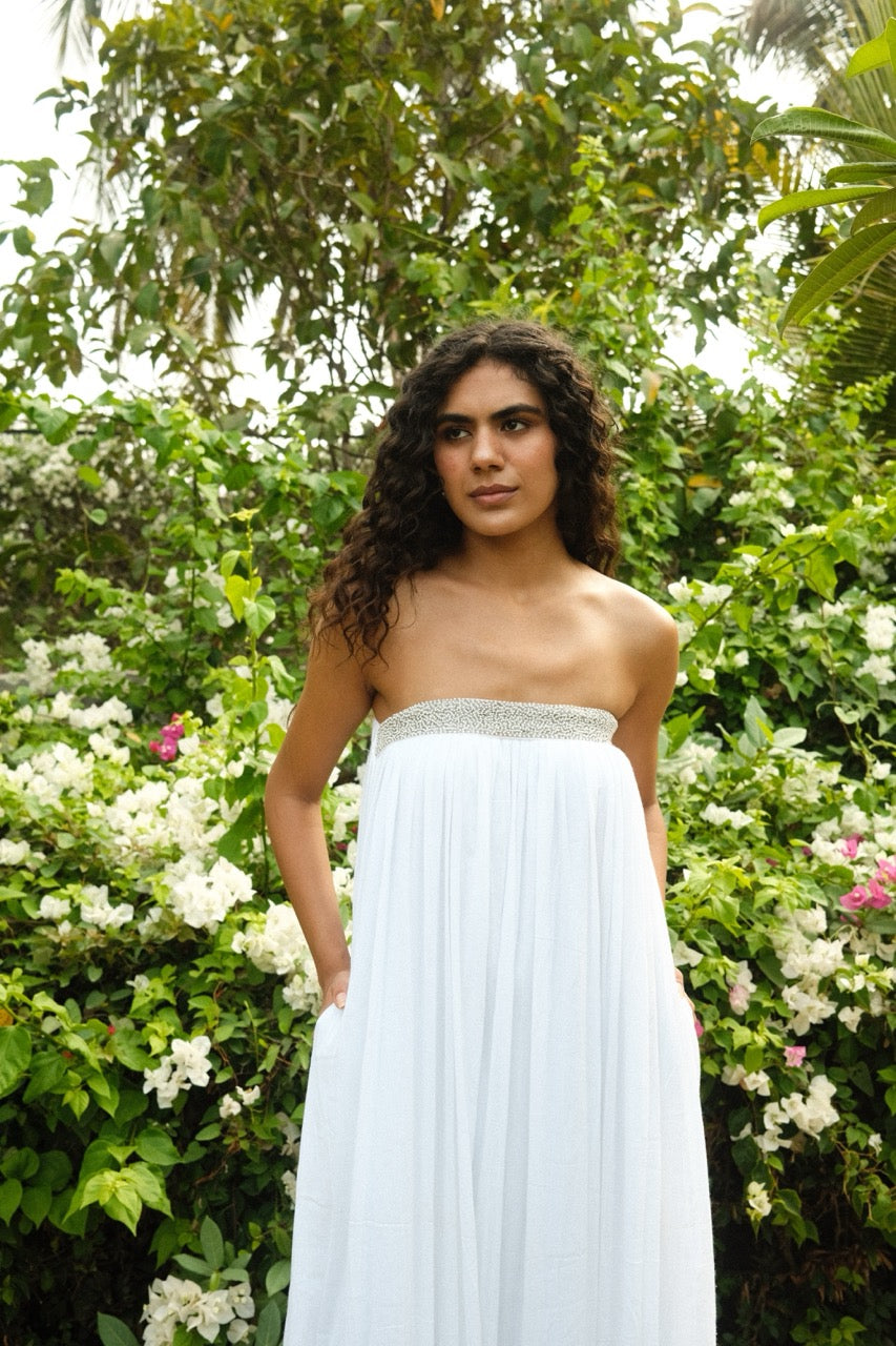 Thea Dress - White Embroidered Strapless Long Dress