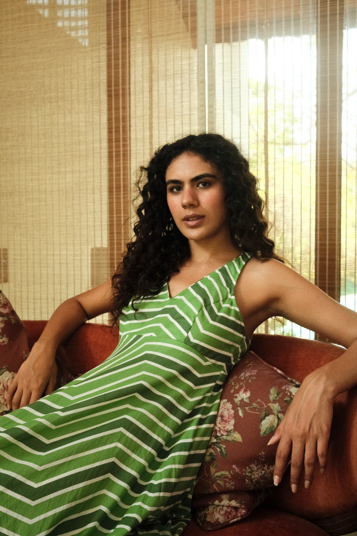 Esme Dress - Green Striped Sleeveless Midi Dress