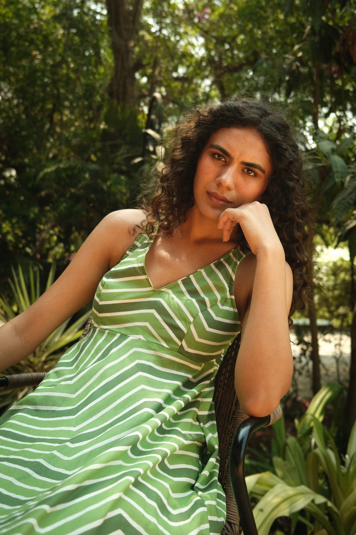 Esme Dress - Green Striped Sleeveless Midi Dress