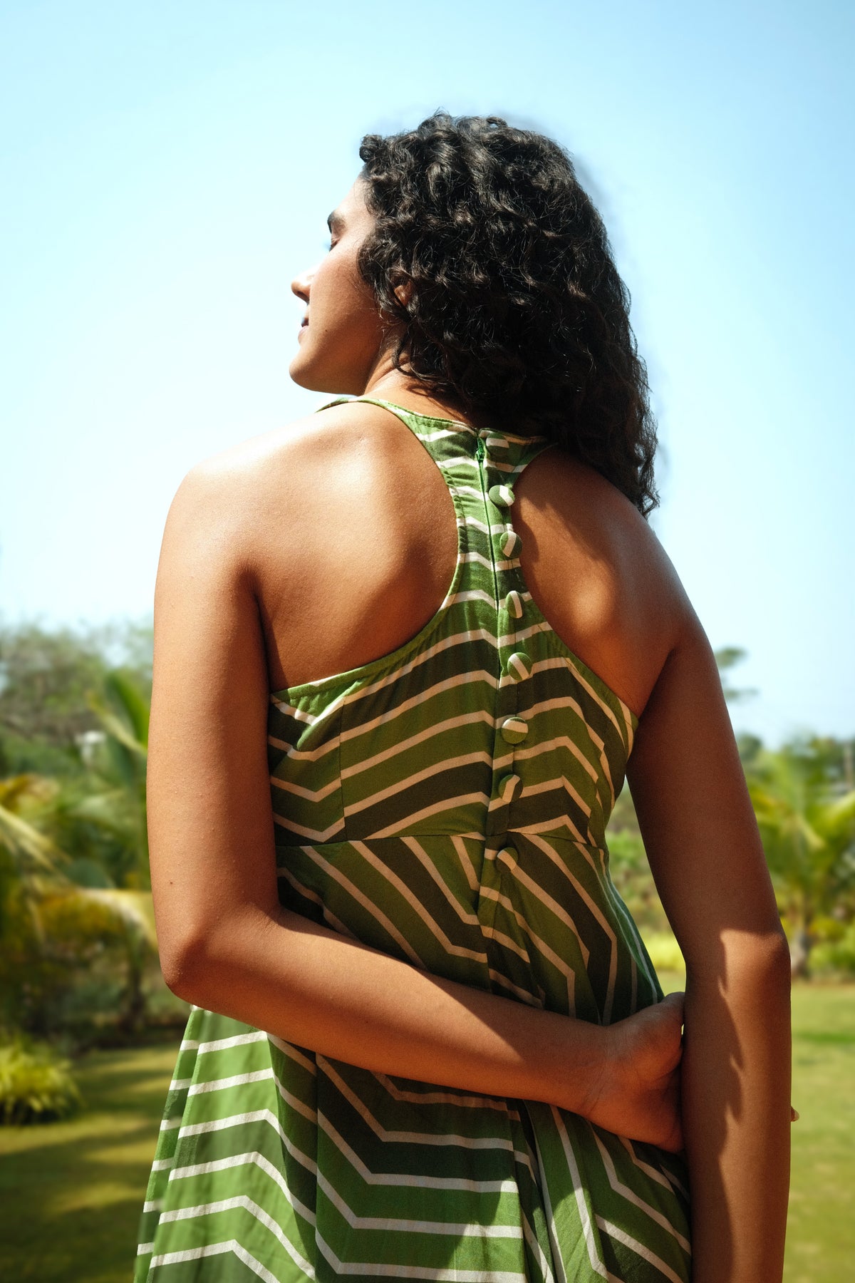 Esme Dress - Green Striped Sleeveless Midi Dress