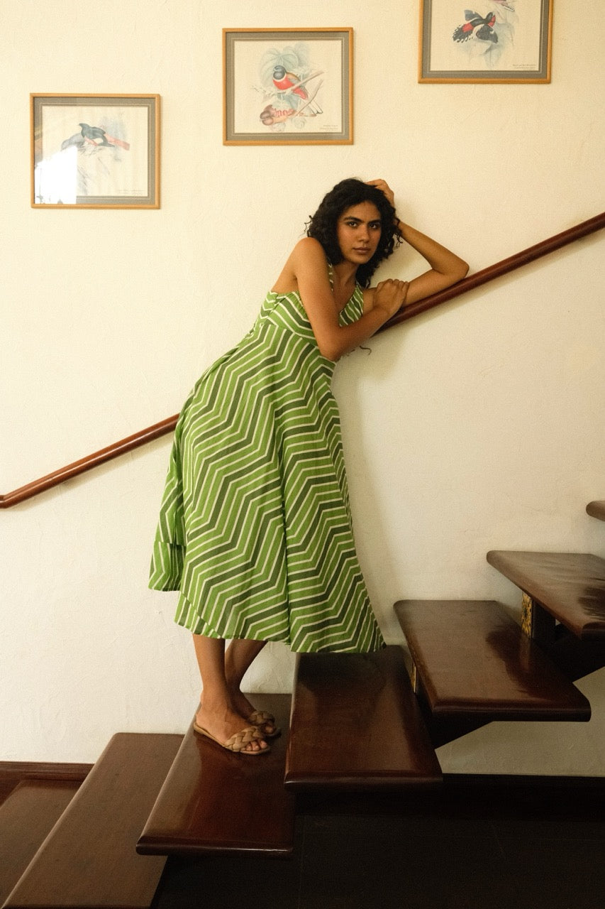 Esme Dress - Green Striped Sleeveless Midi Dress