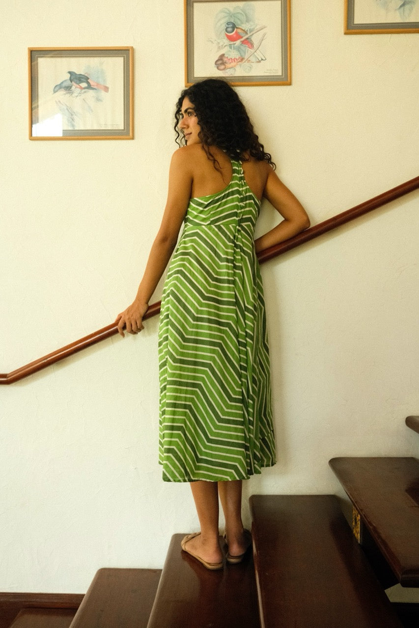 Esme Dress - Green Striped Sleeveless Midi Dress