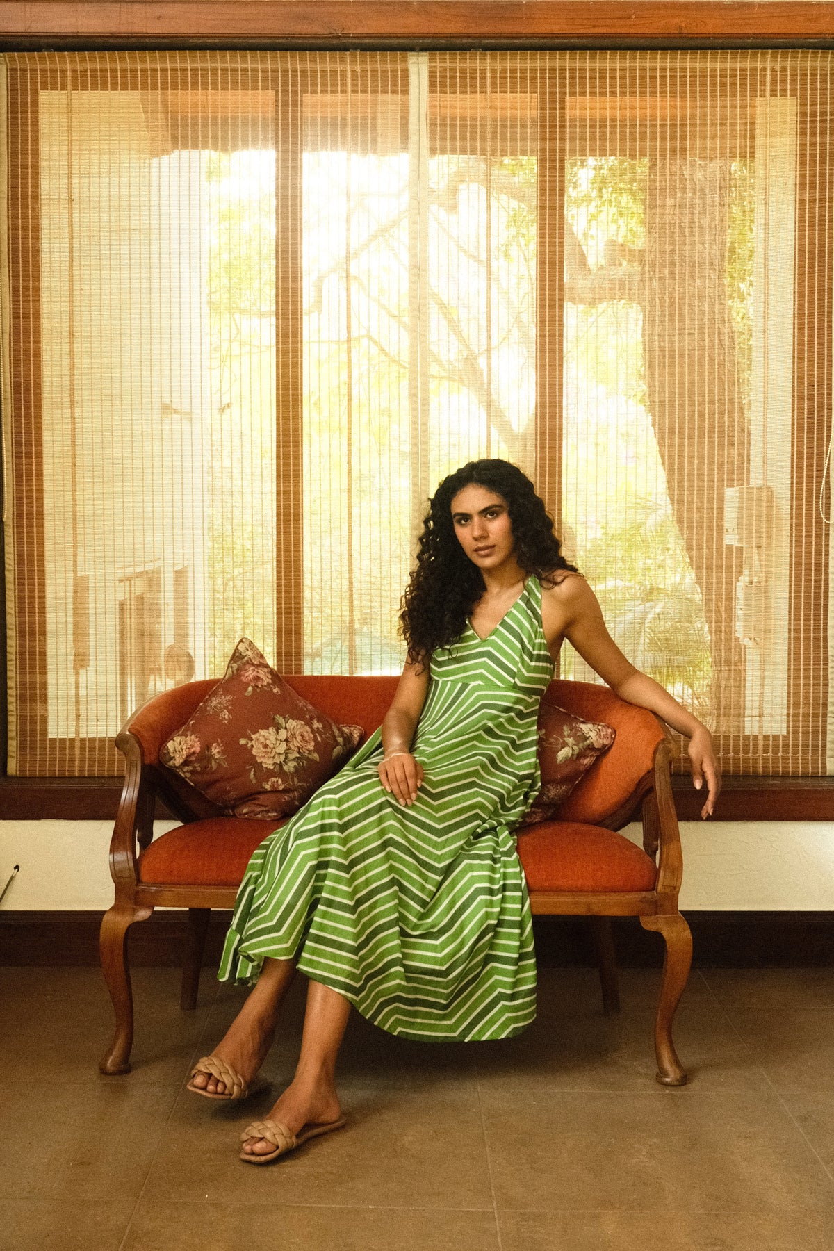 Esme Dress - Green Striped Sleeveless Midi Dress