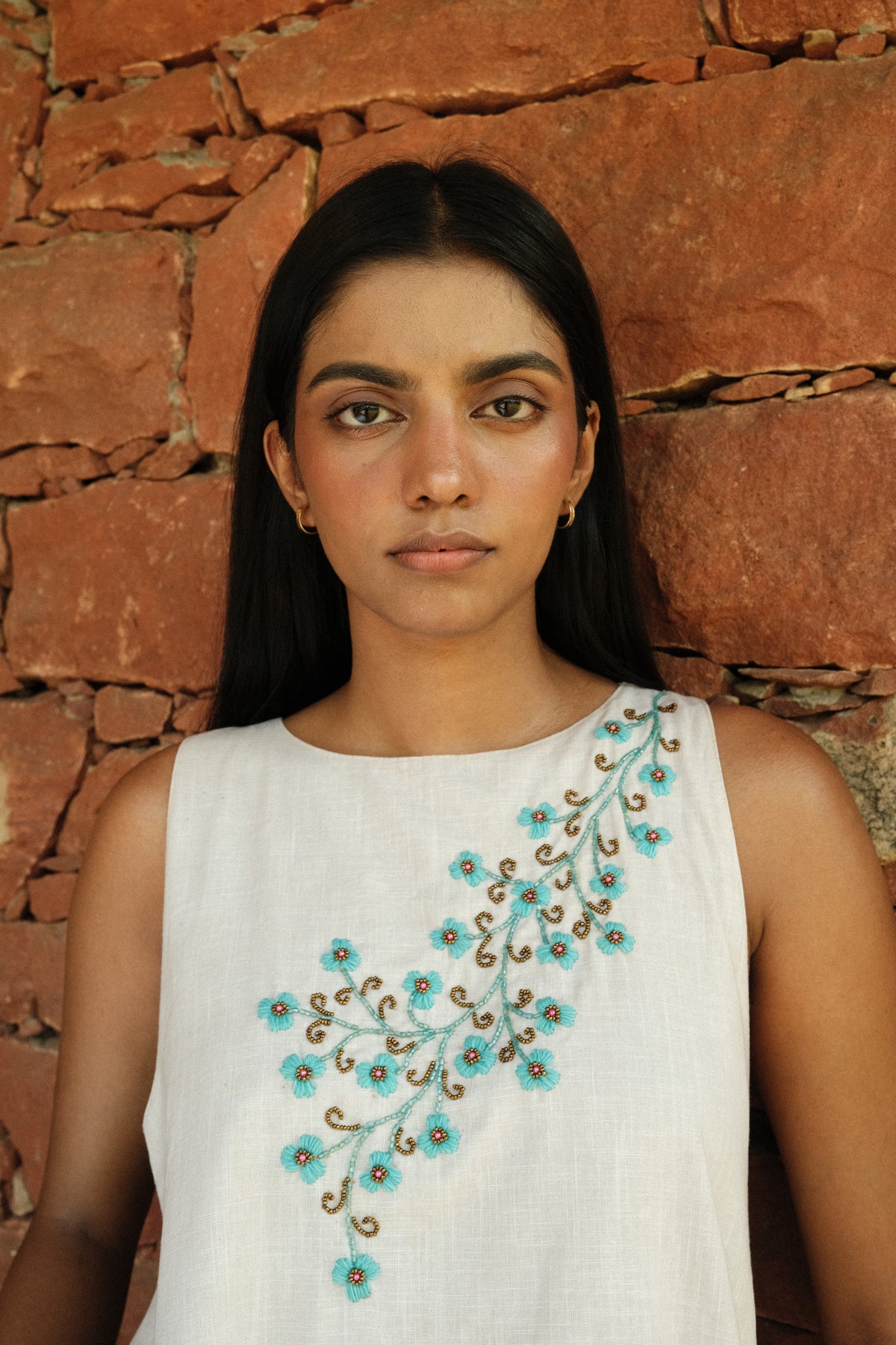 Maya Dress - Beige Linen Embroidered Short Dress