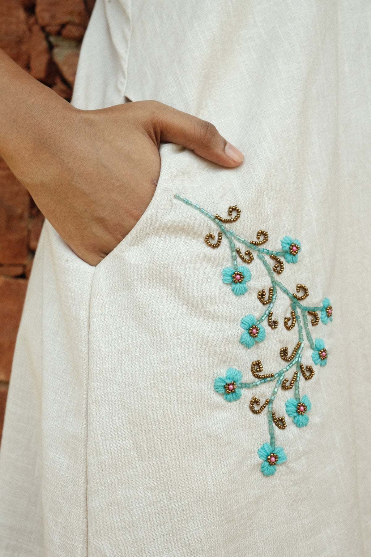 Maya Dress - Beige Linen Embroidered Short Dress