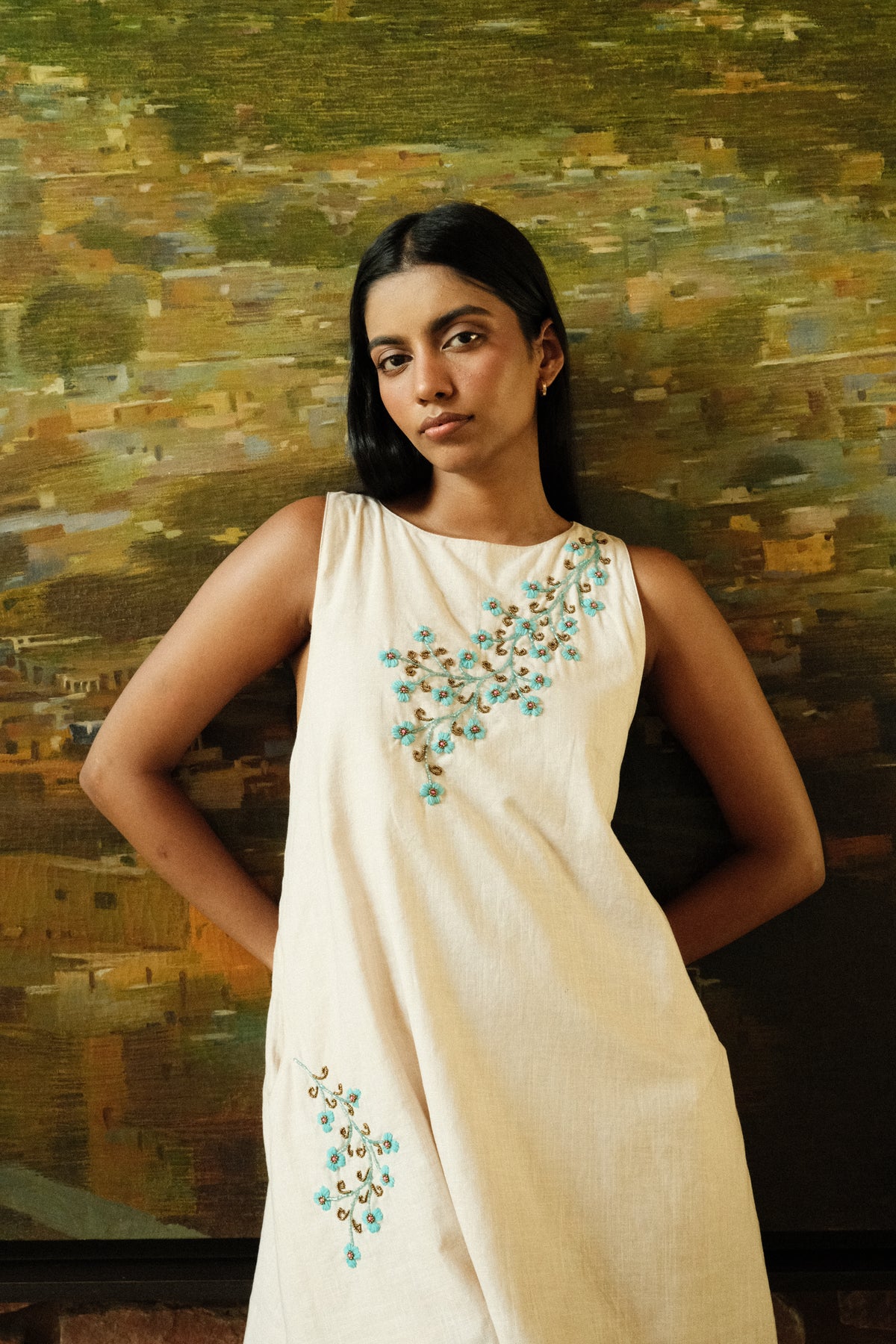 Maya Dress - Beige Linen Embroidered Short Dress