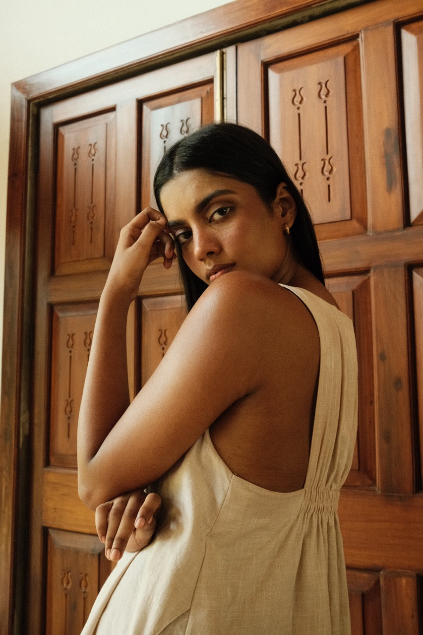 Maya Dress - Beige Linen Embroidered Short Dress