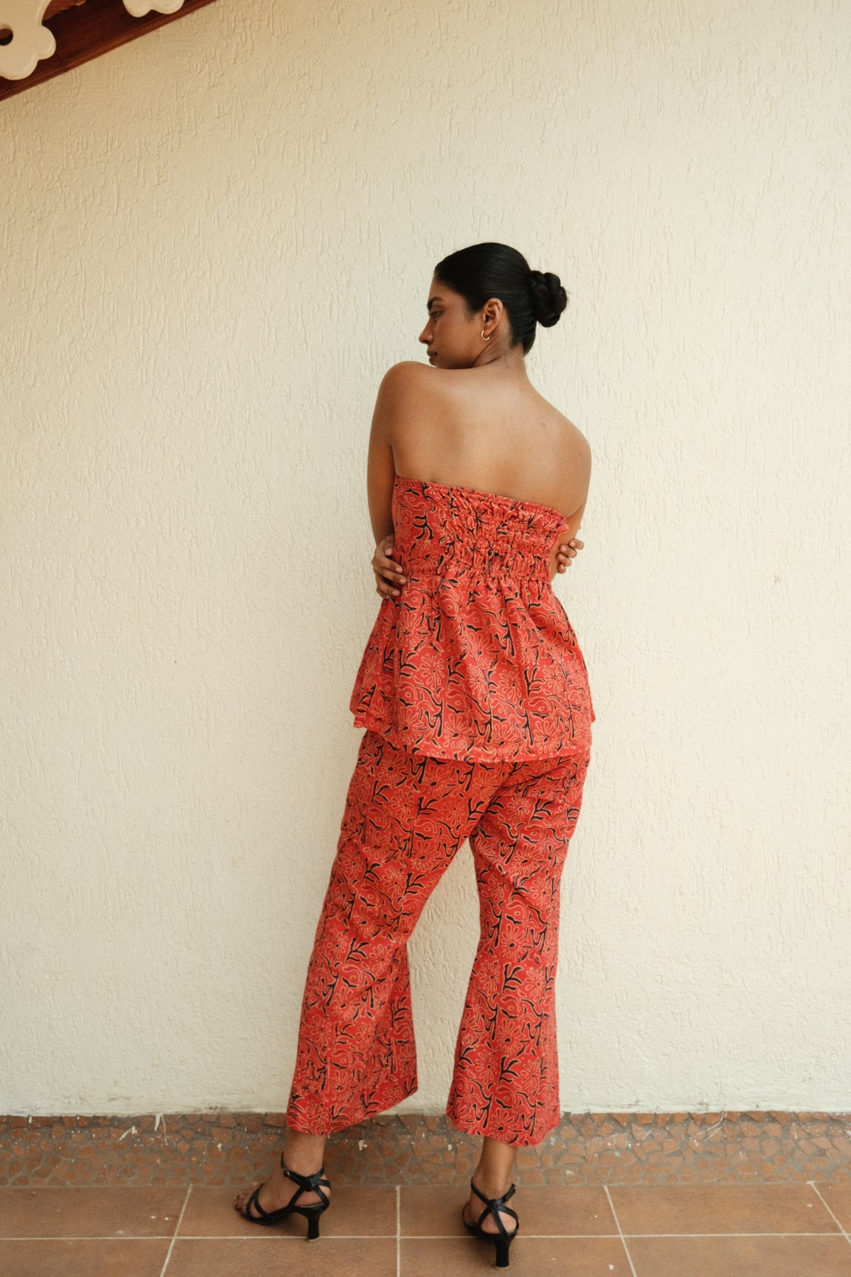 Lianne Top - Red Printed Strapless Peplum Top