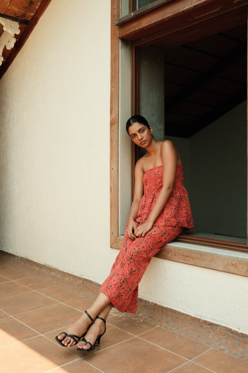 Lianne Top - Red Printed Strapless Peplum Top