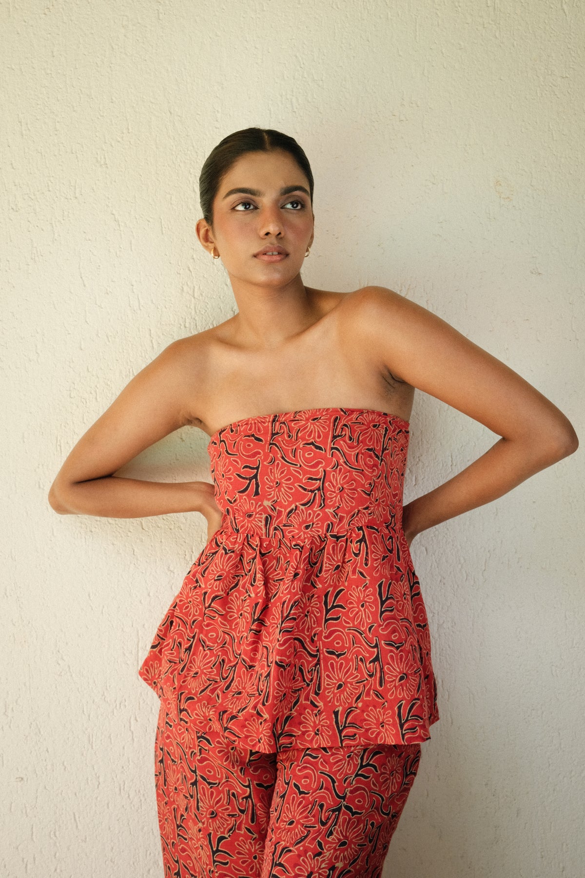 Lianne Top - Red Printed Strapless Peplum Top