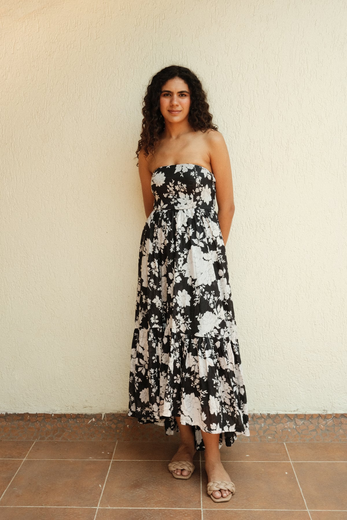 Solene Dress - Floral Printed Strapless Flared Long Dress