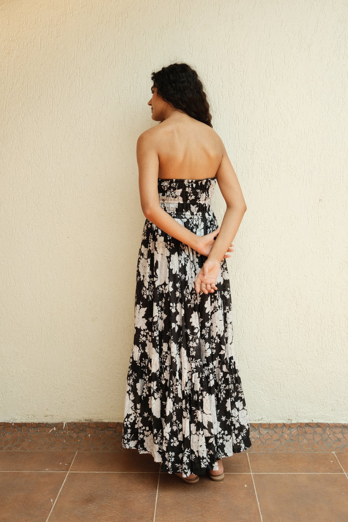 Solene Dress - Floral Printed Strapless Flared Long Dress