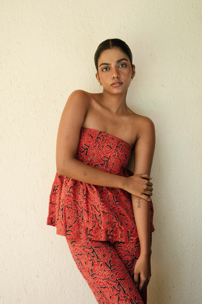 Lianne Set - Red Printed Strapless Top and Flared Pant Set