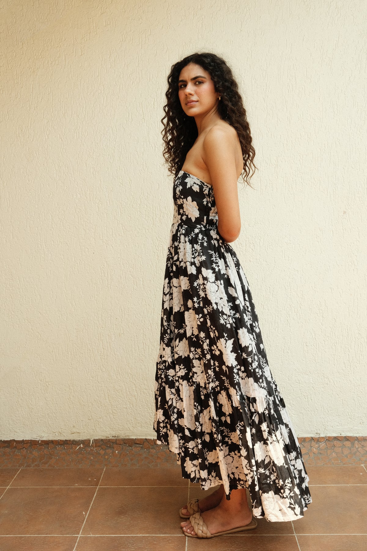 Solene Dress - Floral Printed Strapless Flared Long Dress