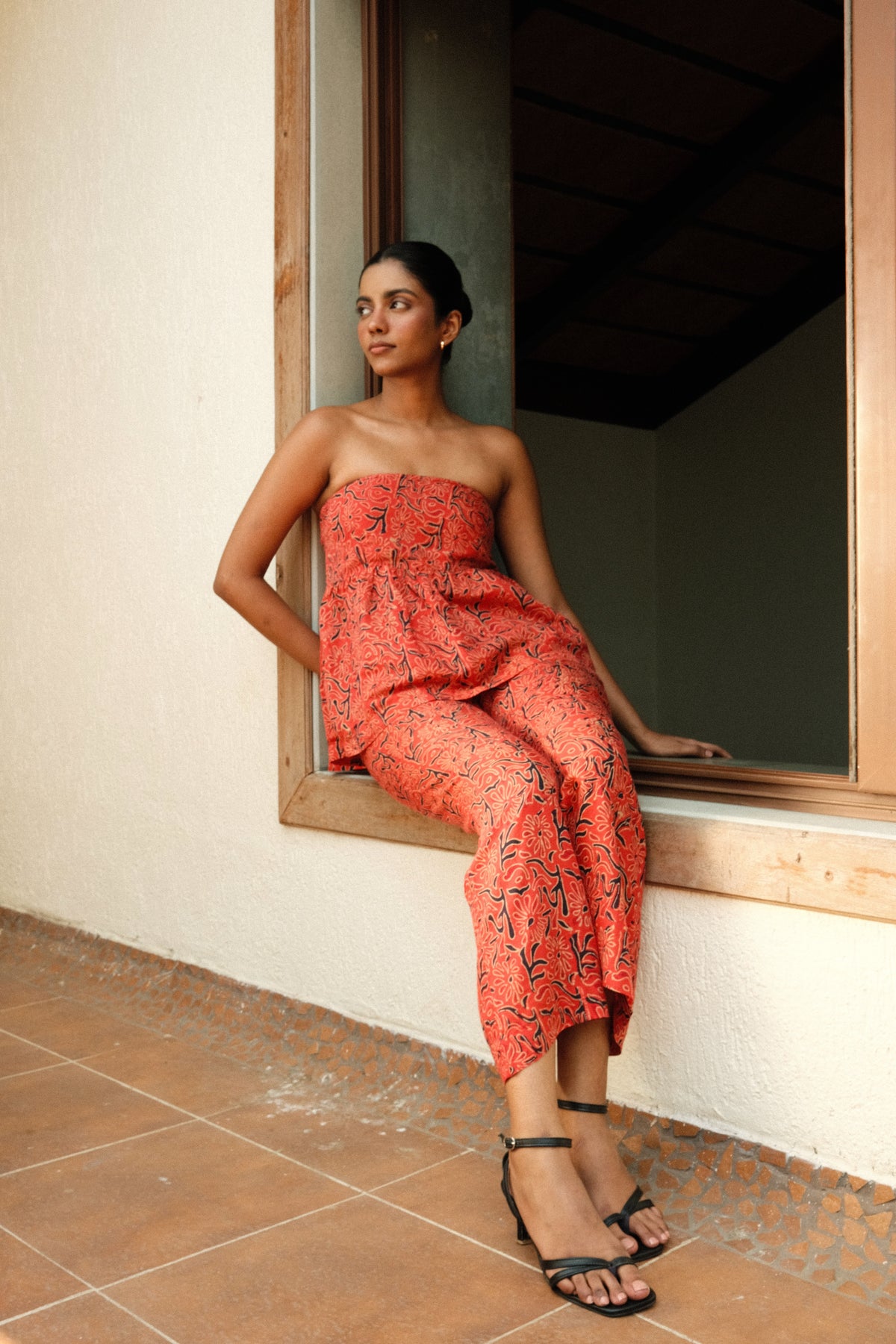 Lianne Set - Red Printed Strapless Top and Flared Pant Set
