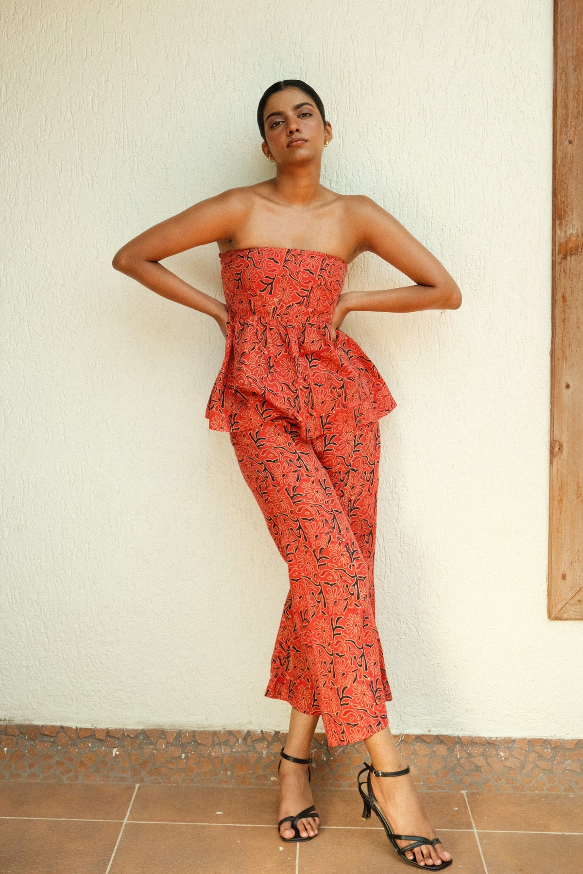 Lianne Set - Red Printed Strapless Top and Flared Pant Set