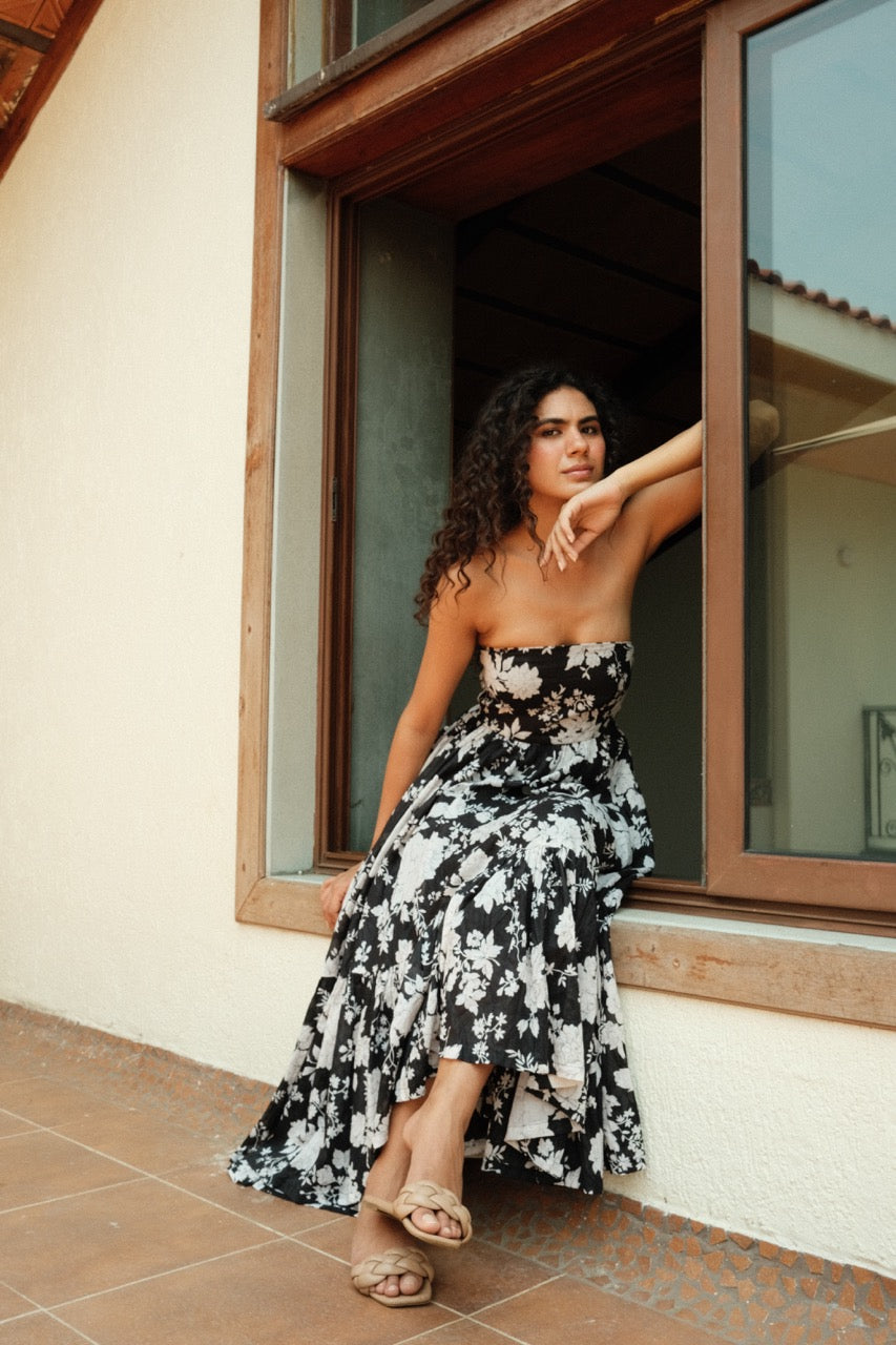 Solene Dress - Floral Printed Strapless Flared Long Dress