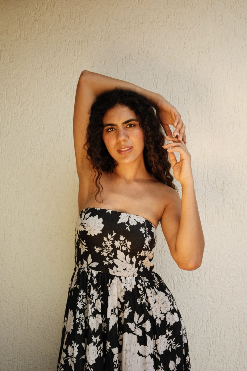 Solene Dress - Floral Printed Strapless Flared Long Dress