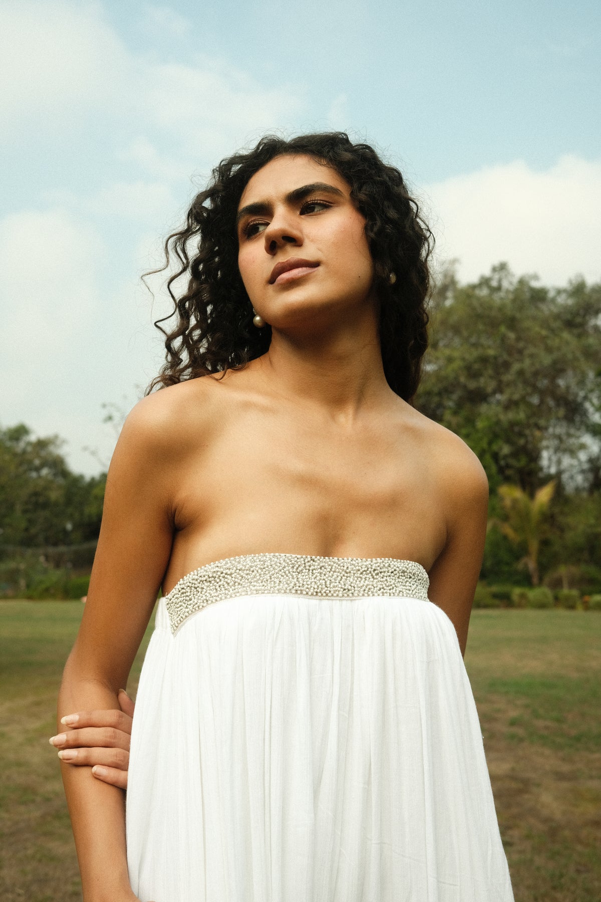 Thea Dress - White Embroidered Strapless Long Dress