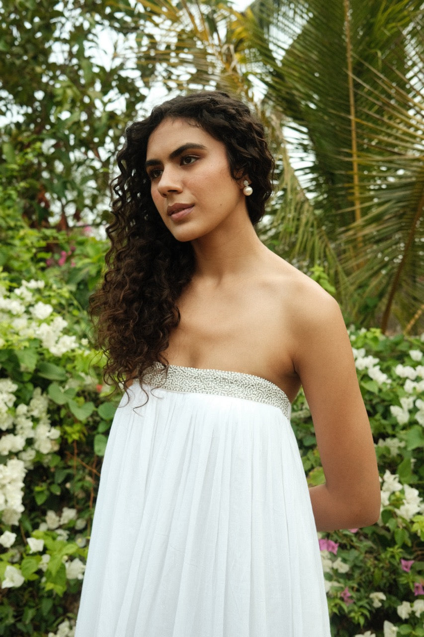 Thea Dress - White Embroidered Strapless Long Dress