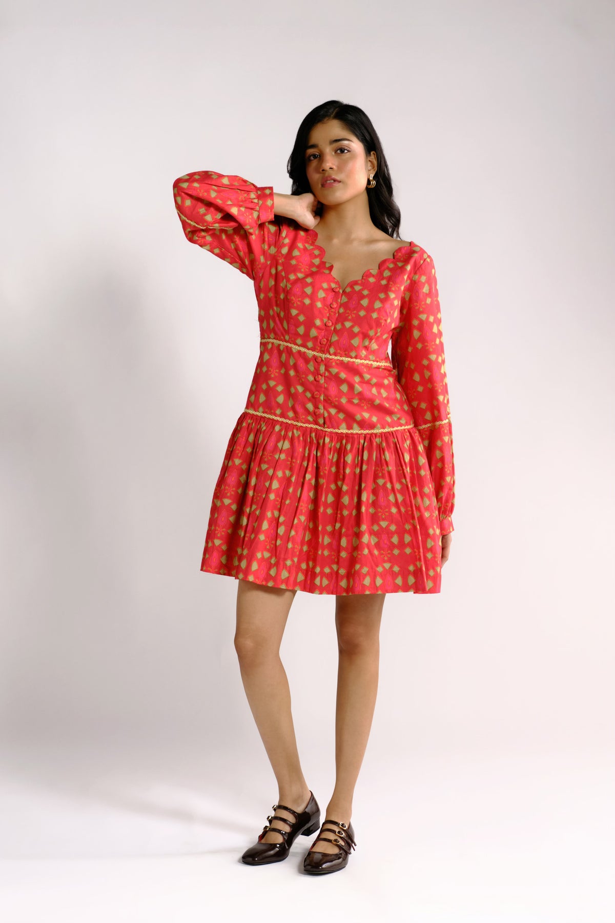 Ruby Dress - Red Drop-waist Long Sleeve Short Dress