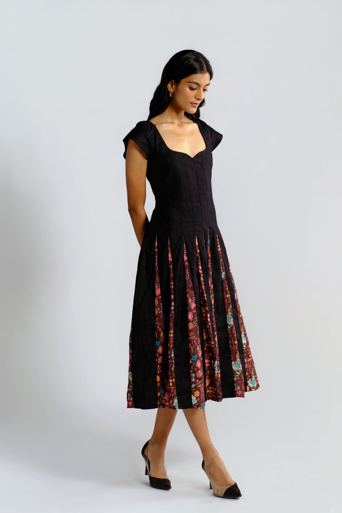 Maeve Dress - Black Printed Panelled Midi Dress