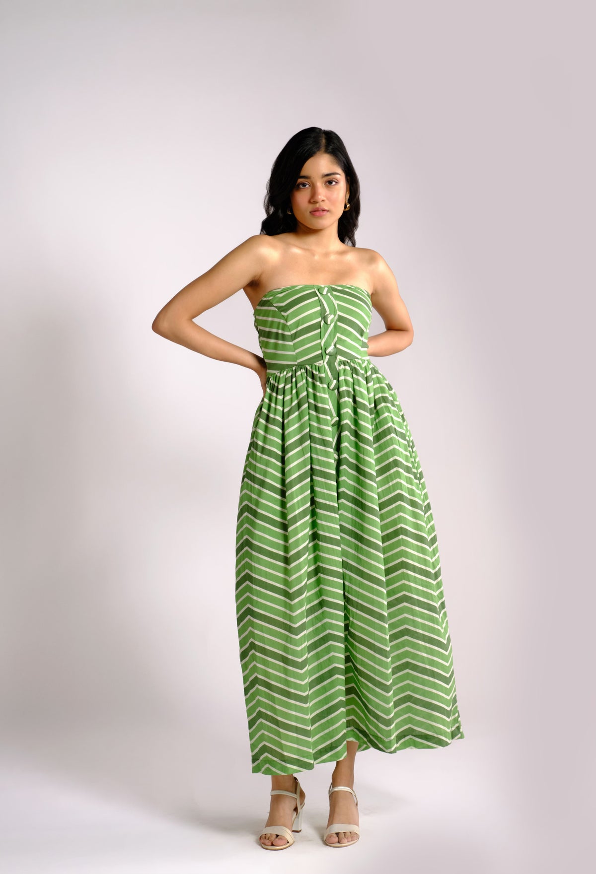 Ava Dress - Green Striped Strapless Midi Dress