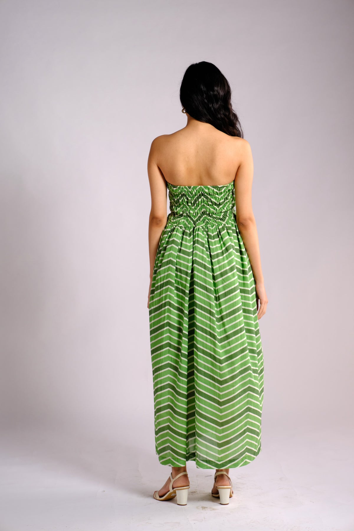 Ava Dress - Green Striped Strapless Midi Dress