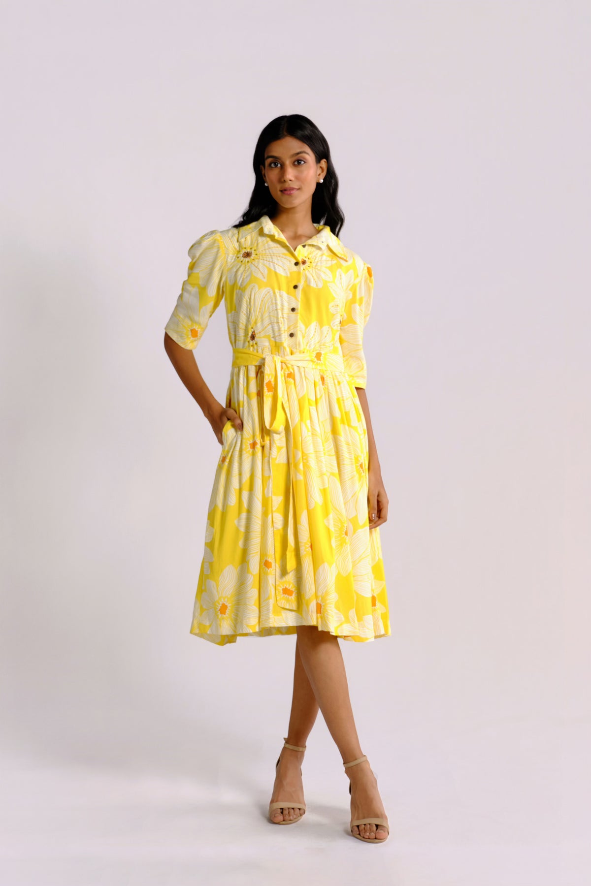 August Dress - Yellow Floral Embroidered Shirt Dress