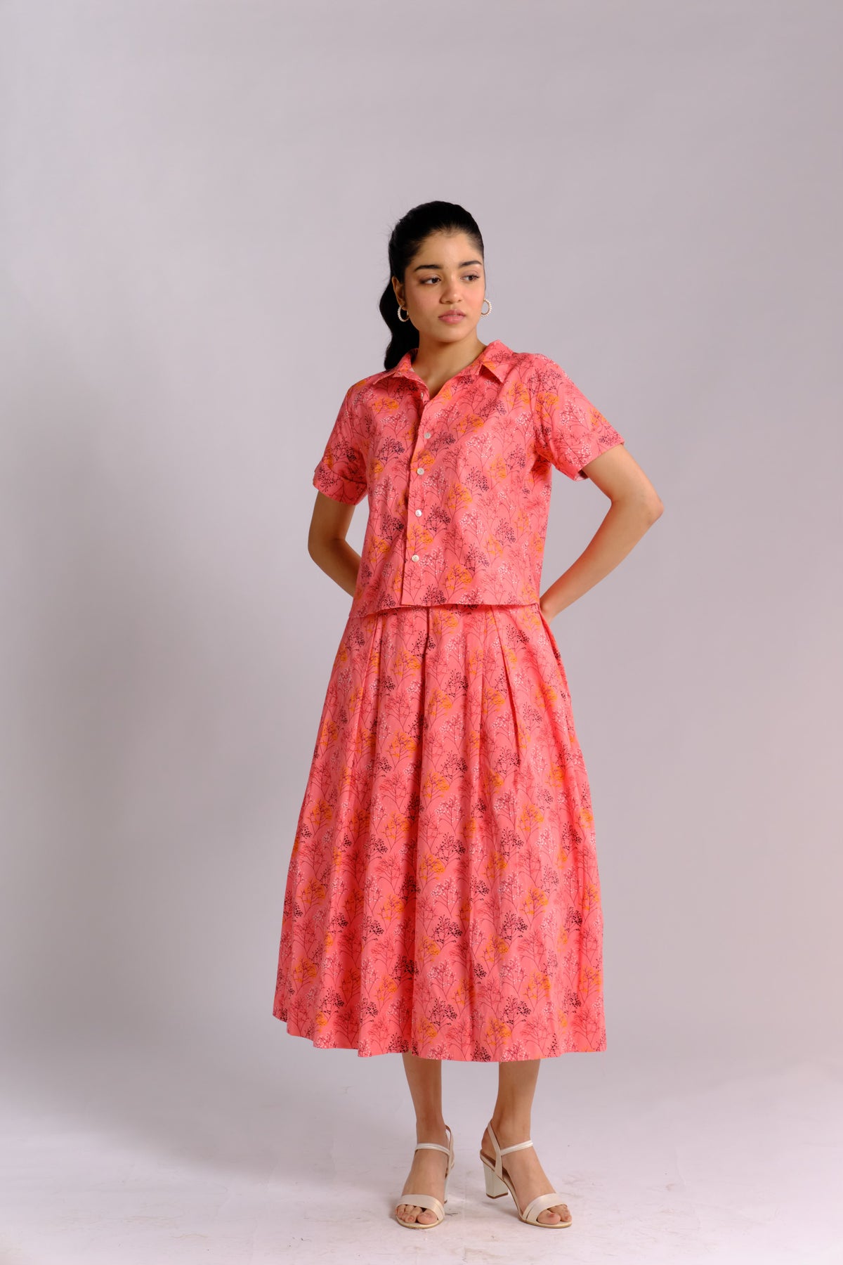 Jeena Shirt - Peach Printed Button Down Shirt