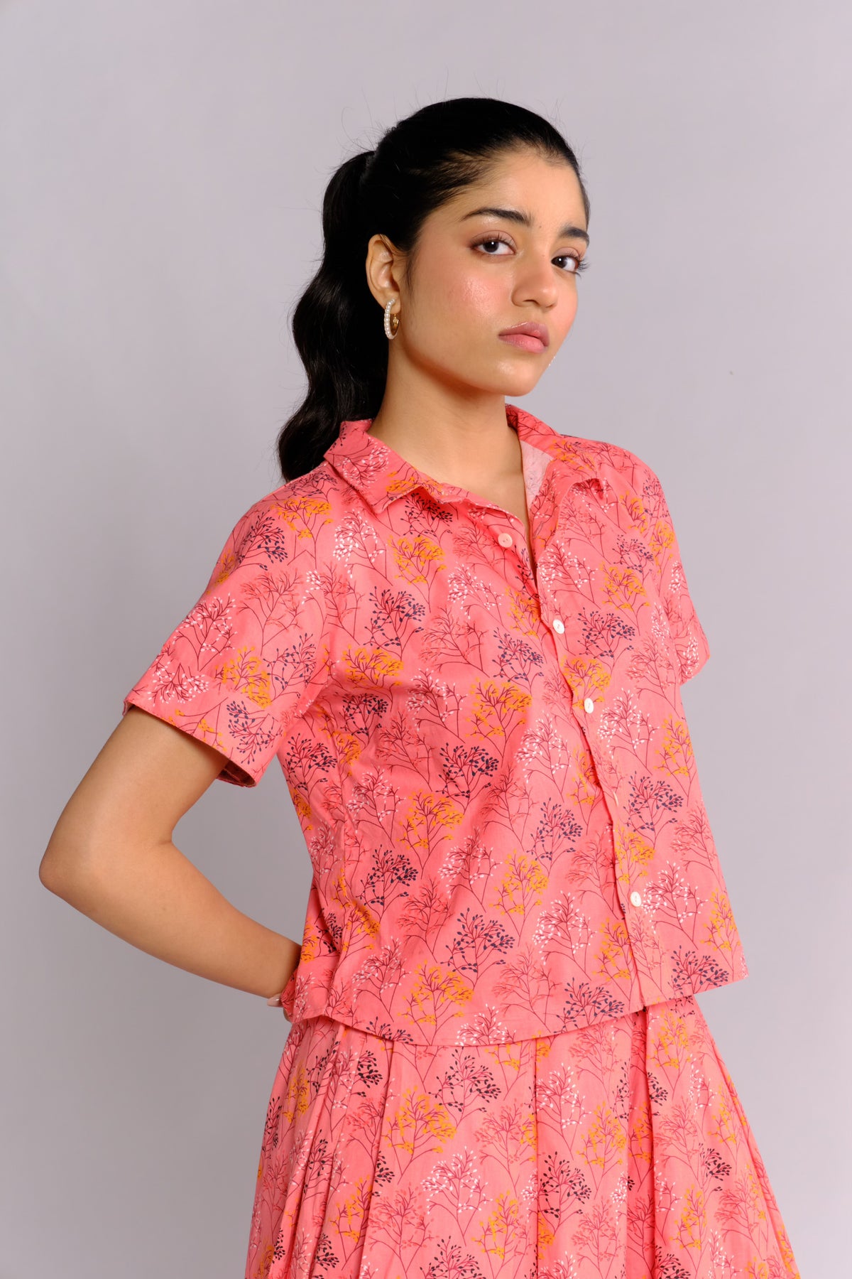 Jeena Shirt - Peach Printed Button Down Shirt