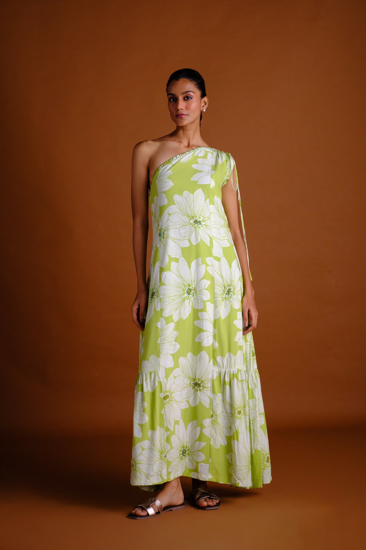 Isabel Dress - Green Embroidered One Shoulder Long Dress