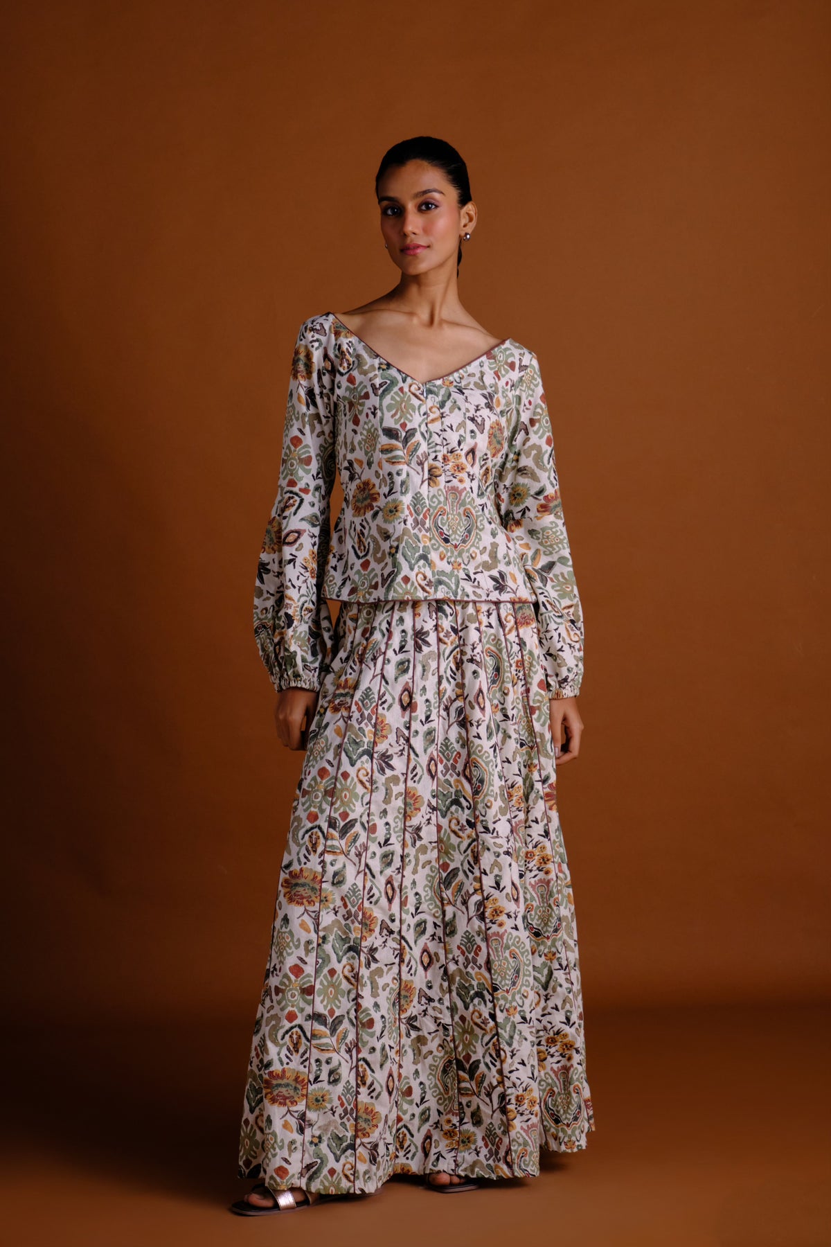 Ivy Skirt Set - Cream Printed Panelled Skirt And Peplum Top Set