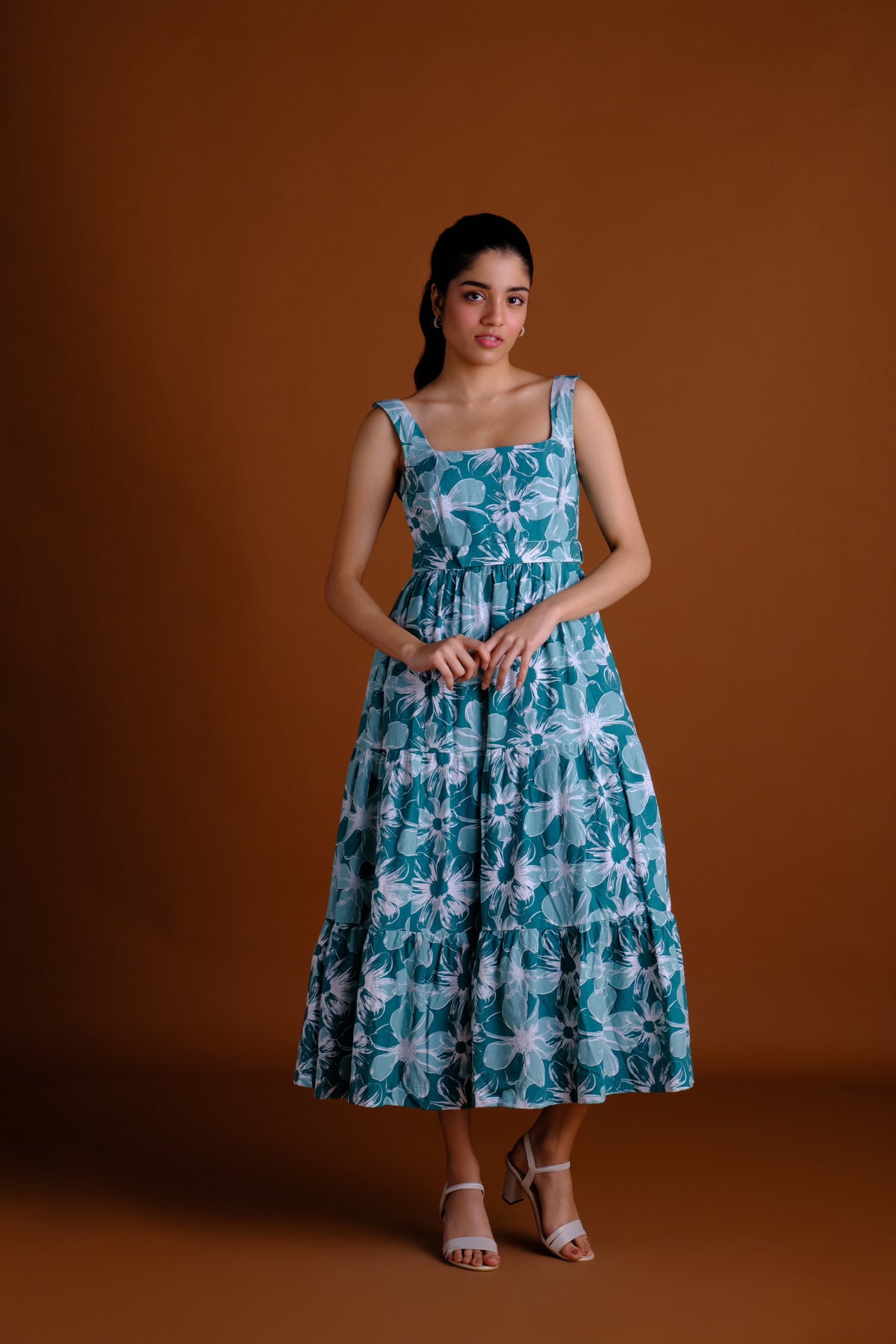 Harper Dress - Green Floral Printed Tiered Midi Dress