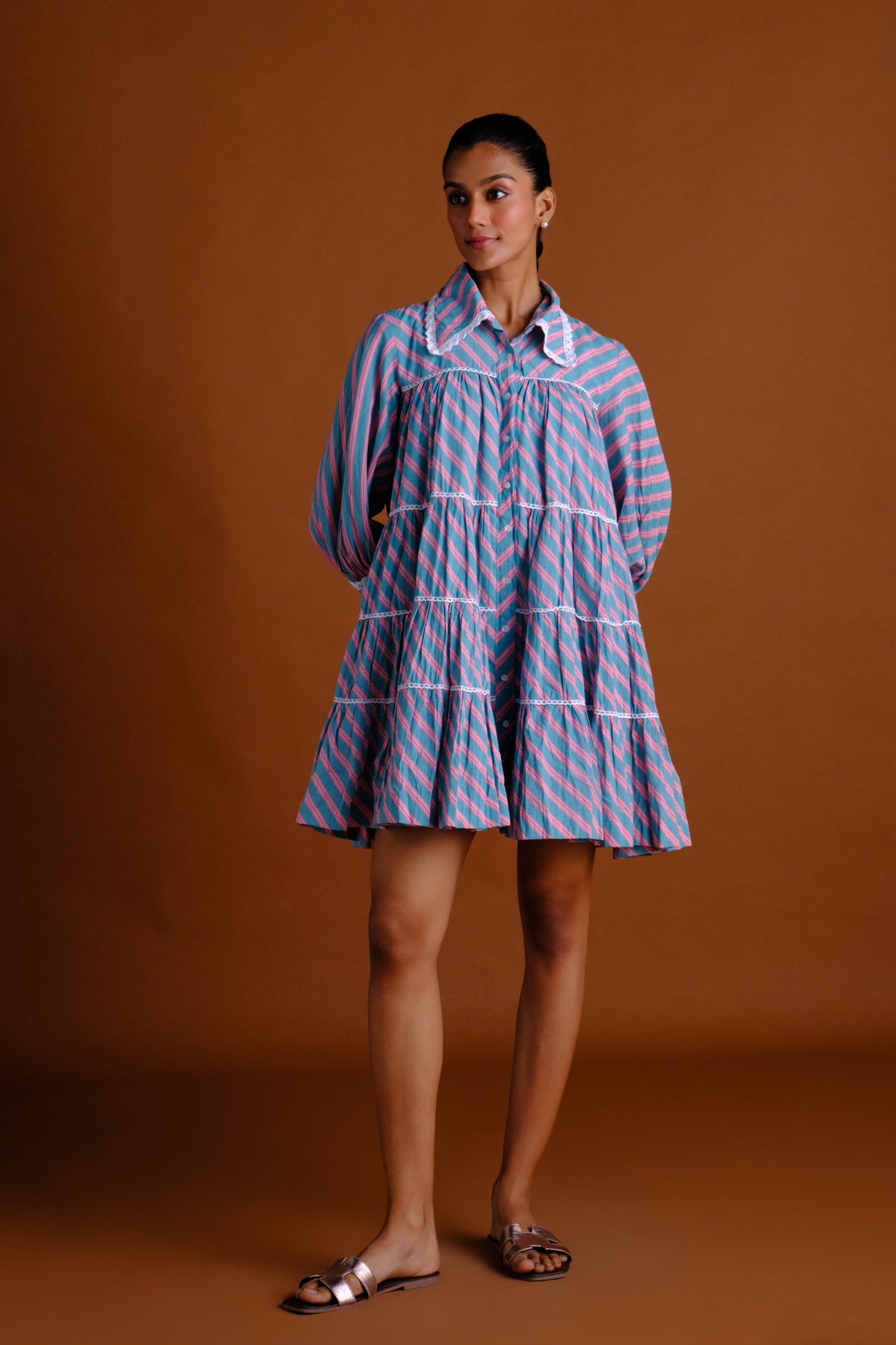Zoe Dress - Candy Striped Short Flared Tiered Shirt Dress
