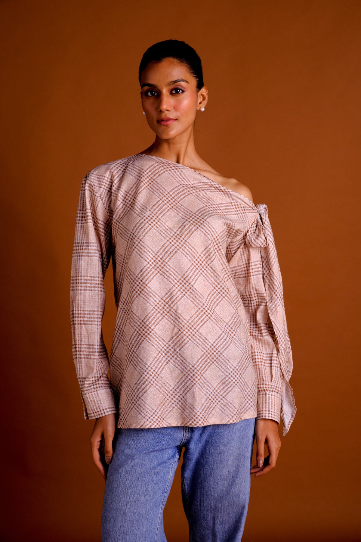 Lena Top - Brown Checkered Print Drop Shoulder Top